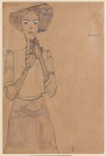 Three-quarter view of woman placed on left side of paper in dress and hat drawn in graphite on light brown paper.