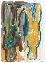 Two upside down figure shapes drawn in yellow, blue, green, brown, and black washes with some gestural pencil lines.