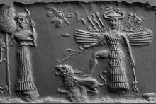 Relief of two female figures, on to the right with outstretched wings holding a lion on  a leash and one to the left clasping here hands.