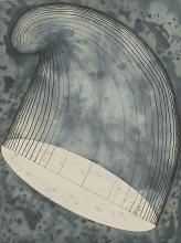 Drawing of abstract hat shape with black lines, and gray blue wash.