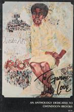 Book cover of seated figure wearing a yellow dress withb hand-written text saying to Gwen with Love.