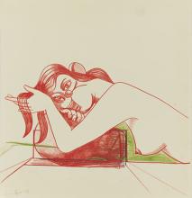 Female figure showing nude upper body with a cubist style face leaning over an object drawn in dark red and green pencil.