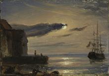 Moonlight seascape showing shore and sailing ship in dark ominous colors.