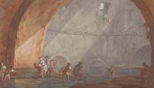 Several figures wading in a stream that flows under the arch of a cavernous space with brown and blue wash.