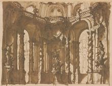 Drawing showing interior architectural scene with columns and arches in gray and brown wash."
