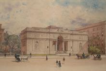 Architectural rendering of J. Pierpont Morgan's Library showing view from 36th with figures in foreground and trees on either side. 