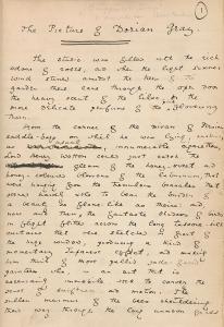 Handwritten manuscript page marked page 1 with title The Picture of Dorian Gray at top and more lines of text below.
