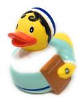 Rubber duckie dressed as Jane Austen holding a book titled Pond and Prejudice.