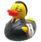 Rubber duckie dressed as Salvador Dali holding a melting clock.