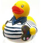 Rubber duckie dressed as Pablo Picasso in a striped shirt and holding a paint brush and pallet.